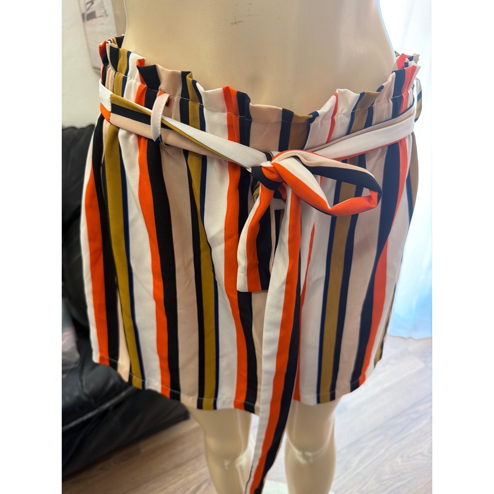 Shein Curve Striped‎ Paperbag Waist Shorts Orange Yellow Black White 2XL